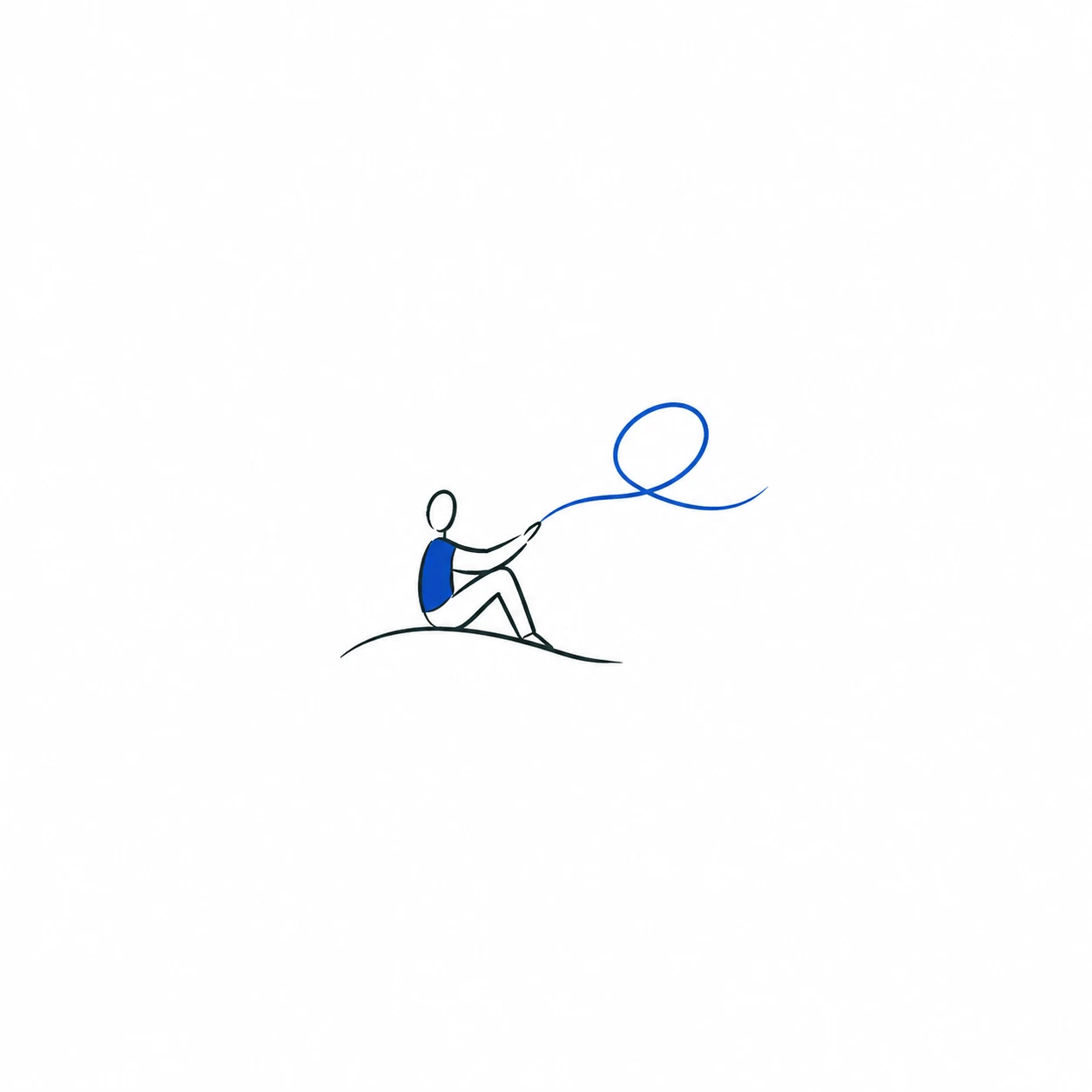 A person resting as a loose blue thread of thought unfolds beside them.